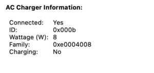 MacBook System Report not showing fake Apple 20W charger chipset data and serial number.