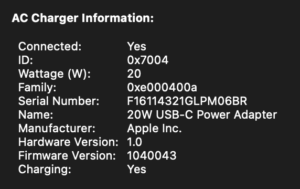 MacBook System Report showing original Apple 20W charger chipset data and serial number.